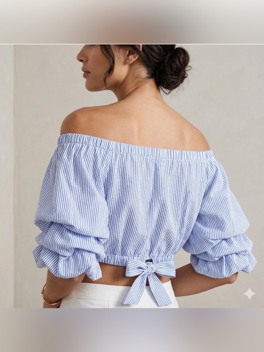 Blue and White Striped Ruffled Puff-Sleeve Women's Top, Size Medium, venti6